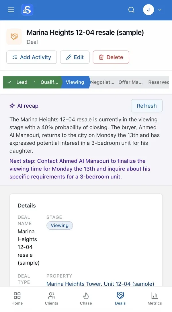 Salesbook deal page showing an AI-generated recap and suggested next step